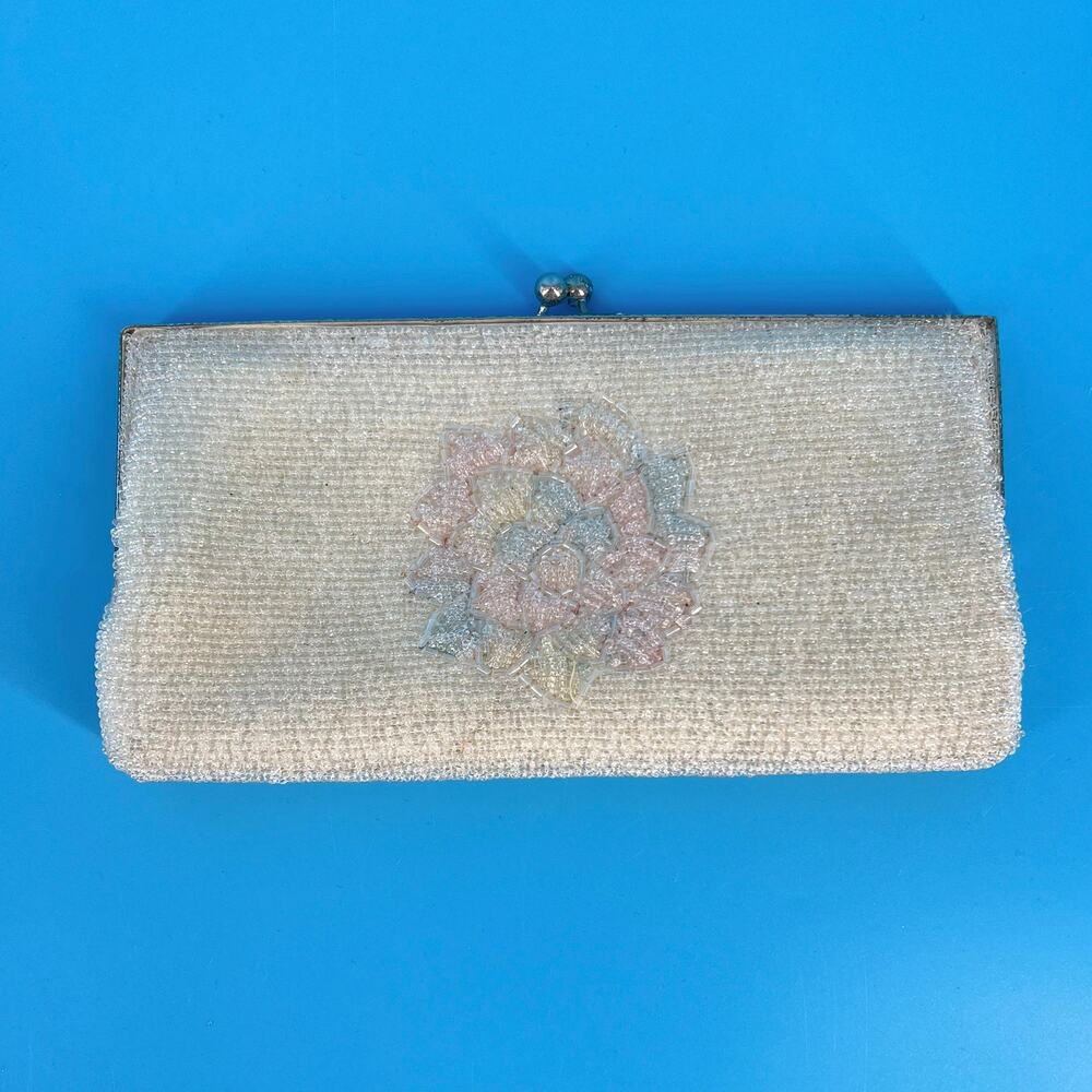 Vintage Beaded Clutch Evening Bag Pastel Floral Design